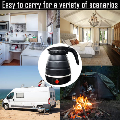 Foldable Electric Travel Kettle, Portable Silicone Collapsible Water Boiler and Tea Pot for Camping (Black)