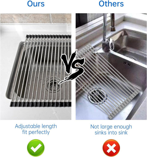 Expandable Large Roll Up Dish Drying Rack, Collapsible Over The Sink Non-Slip Silicone Rack for Kitchen