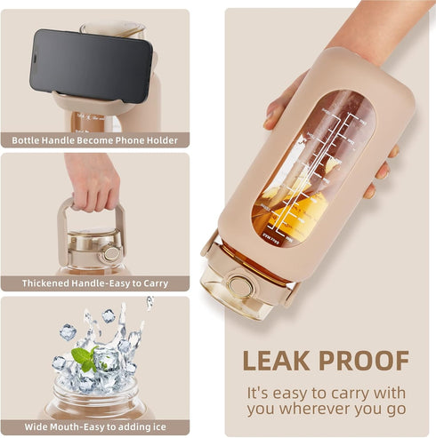 SIEROZUR 74oz Glass Water Bottle with Straw - Large Motivational Water Jug with Handle and Time Marker