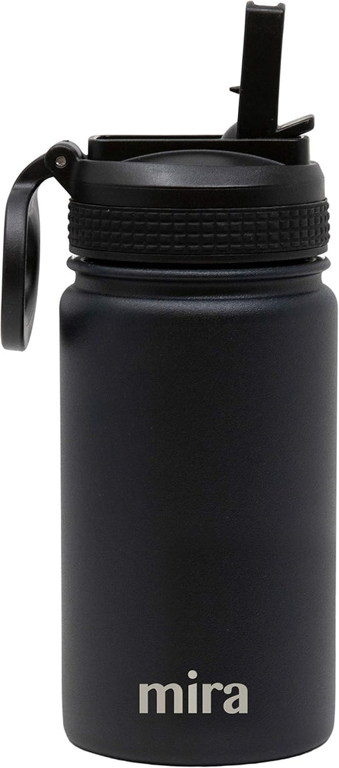MIRA 12 oz Small Insulated Water Bottle, Leak-Proof Stainless Steel with Straw Lid for Travel, Gym - Black