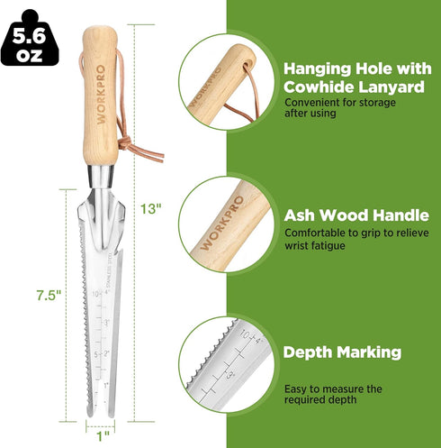 WORKPRO Hand Weeder Puller, 5-in-1 Stainless Steel Garden Trowel with Wooden Handle for Planting and Weeding Care