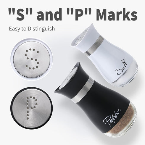 Lonffery Salt and Pepper Shakers Set - 4 oz Farmhouse Spice Dispenser with Glass Bottom, Black and White, Set of 2