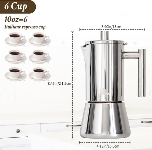 6Cup 10 oz LAOION Stovetop Espresso Maker, Moka Pot, Stainless Steel Cuban and Italian Coffee Maker for Cafetera