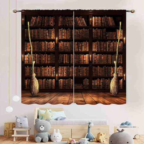 TKUYO 42"x45" Inch Vintage Bookshelf Curtains, Fantasy Magic Retro Library Old Antique Bookcase Gothic Witchy Blackout