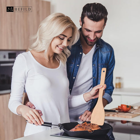 2pcs Wooden Spatulas for Cooking, 13inch Uncoated Beech Wood Turners for Frying, Non-Scratch Flat Spurtle for Pan & Wok, Cooking Utensils for Non Stick Cookware, Long Handle Non-toxic Scraper by Hefild