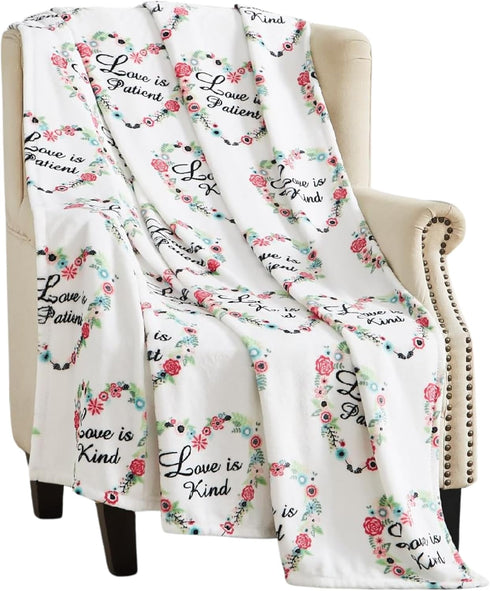 50" 60" Spring Wedding Fleece Throw Blanket: Love is Kind Patient Pink White Red Design Floral Hearts, x Velvety Soft