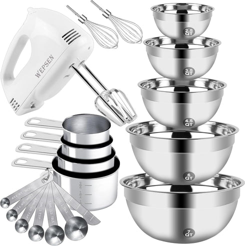 Hand Mixer Electric Mixing Bowls Set, 5 Speeds Handheld Mixer with 5 Nesting Stainless Steel Bowls, 200W