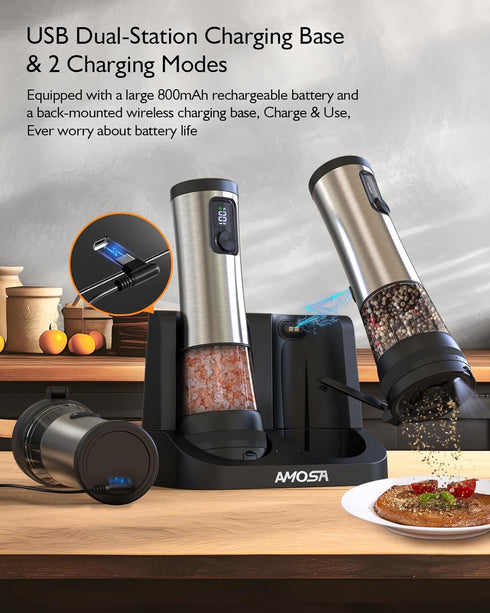 Set, 2-Speed Setting, 5 Electric Salt and Pepper Grinder Upgraded External Adjustable Coarseness, Battery Display