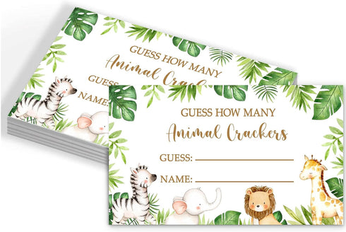 Safari Jungle Guessing Game Cards, Guess How Many Animal Crackers, 50 Cards and Matching Sign for Baby Shower Game