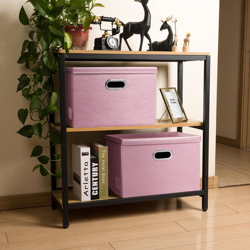 PRANDOM Large Collapsible Storage Box with Lid - 1-Pack Pink Leather Fabric Foldable Organizer Container for Home,