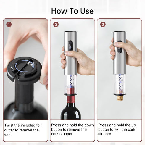 Rechargeable Wine Opener by ELMWAY, Electric Wine Bottle Opener with Foil Cutter, LED Light and Stainless Steel Shell