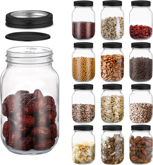 novelinks 32 OZ Clear Plastic Mason Jars with Airtight Lids - 12 PACK Plastic Jars for Kitchen & Household Storage
