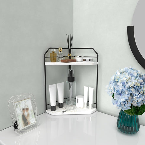 INIUNIK Corner Bathroom Counter Organizer - 2 Tier Wood Vanity Counter Shelf Perfume