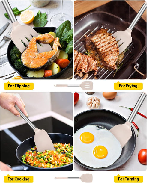 Pack of 2 Silicone Solid Turner: Non Stick Slotted Kitchen Spatulas, High Heat Resistant BPA Free (Stainless Steel