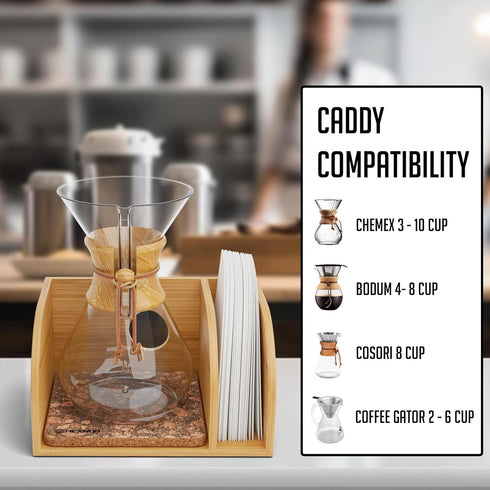 HEXNUB Caddy for Pour Over Coffee Maker, Bamboo Stand for Chemex, Bodum, Cosori Carafes, Heatproof Mat