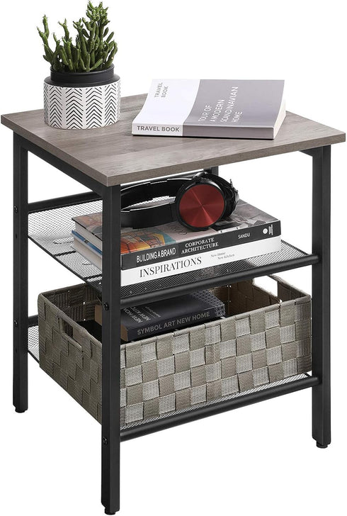 VASAGLE INDESTIC End Table, Nightstand with 2 Adjustable Mesh Shelves, Industrial Side