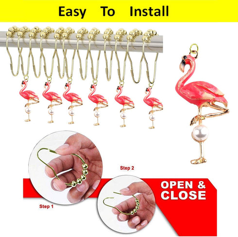 Set of 12 Flamingo Shower Curtain Hooks, Decorative Stainless Steel Rustproof Rings for Bathroom