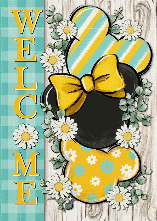 Welcome Spring Decorative Garden Flag, Daisy Flower Yellow Teal Plaid Stripes for Outdoor Home Decor