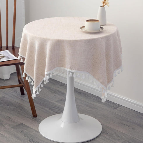 36 36 Inch Linen Small Square Tablecloth x Beige Washable Wrinkle Resistant Table Cover with Tassels Farmhouse