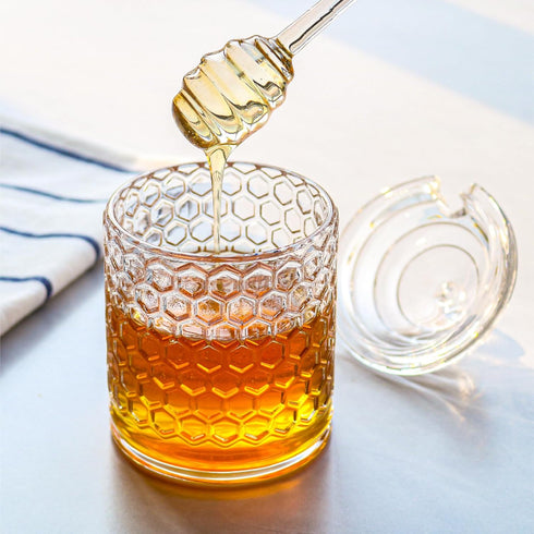 Iyulania (10 oz) Glass Honey Jar with Lid and Dipper, Honeycomb-Inspired Design Container, Heavy Honey Pot for Home