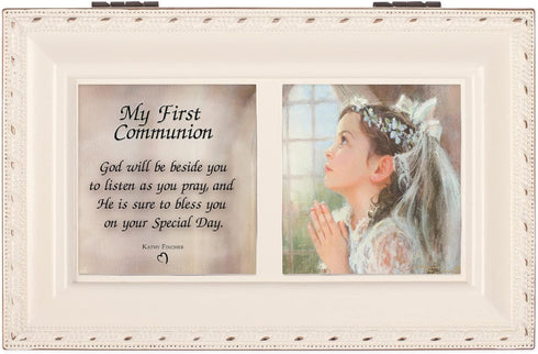 Cottage Garden First Communion God Beside You Matte Ivory Rope Trim Petite Music Box - Plays Ave Maria
