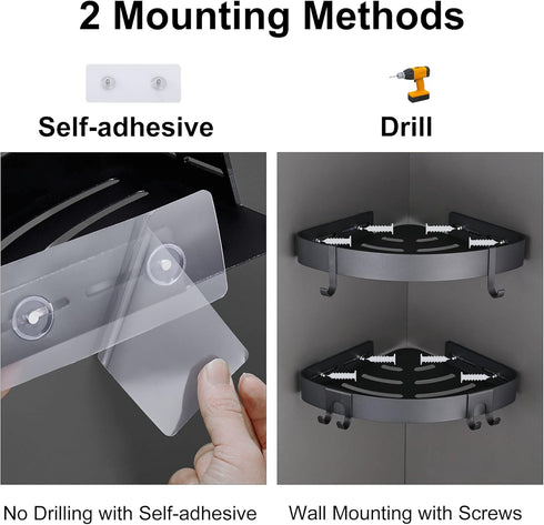2 Pack DUFU Adhesive Corner Shower Caddy with Hooks,Bathroom Shower Organizer, No Drilling Rust Proof Aluminum Shower