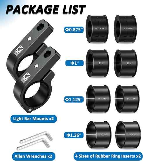 2 PCS Light Bar Mounts, Aluminium Alloy Roll Bar Clamp, Sturdy Mounting Bracket for 0.875"/1"/1.125"/1.26"/1.375"