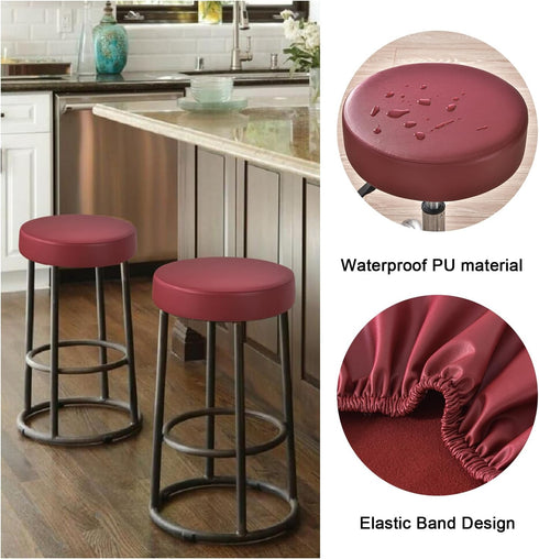 Set 6, 12-15 Inch FUANGUI Bar Stool Covers Round of Waterproof PU Seat Covers With Elastic Bands, Chair Covers Washable
