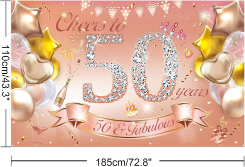 HOWAF Woman 50th Birthday Party Decoration Rose Gold Fabric Banner, Photo Backdrop, Wall Garden Table Supplies
