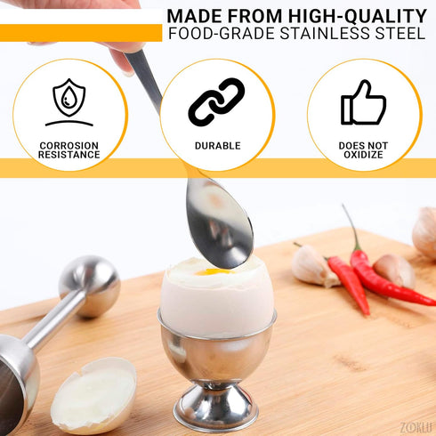 Set 2 2 Egg Shell Opener Pcs Egg Cups for Soft Boiled Eggs & Pcs Spoons, Rust-Resistant Stainless Steel, Fits Most Eggs