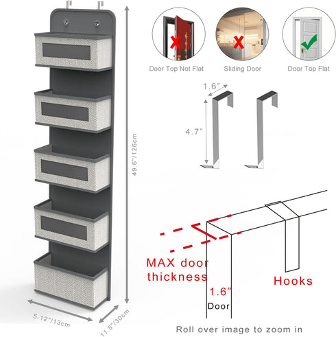 Over The Door Hanging Organizer with 5 Big Pockets, Wall Mount Storage for Pantry, Closet, and Nursery