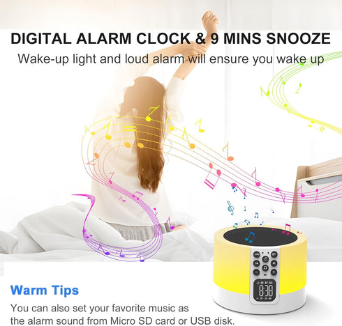 AFEXOA Dimmable 48 10 11 12 13 14 15 Night Light Bluetooth Speaker Alarm Clock, Sound Machine with White Noise, Touch