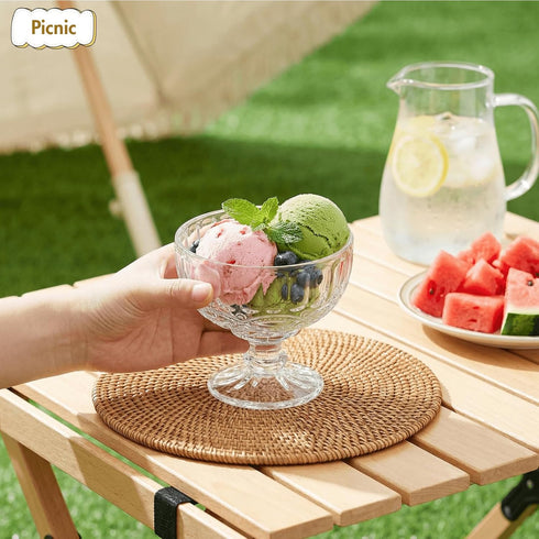 6 Pack 12oz Youeon Vintage Embossed Glass Dessert Cups, Footed Sundae Glasses for Ice Cream, Parfait, Trifle, Fruit