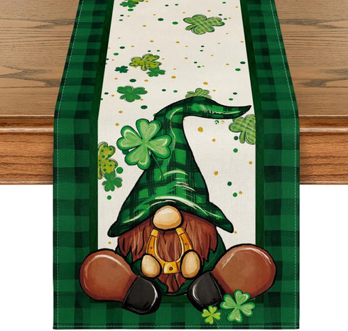 Artoid Mode Shamrock Buffalo Plaid Gnomes Table Runner, St. Patrick's Day Kitchen Decor, 13 x 72 Inch