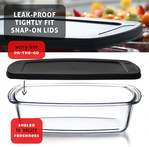 EATEX Glass Bread Pans for Homemade Baking, 1.9 Quart Deep Rectangular Food Storage Containers with Lids, 3 Loaf Pans