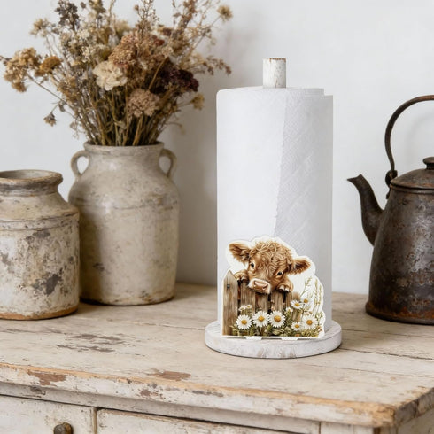 Countertop Highland Cow Paper Towel Holder Wooden Farmhouse Paper Towel Holder Cow Kitchen Accessories Farm Bathroom