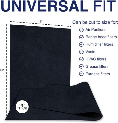 Cut To Fit Air Filter - Carbon Pad Pre Filter for Air Purifiers, Furnace Filters, 1/6" thick, 16" x 48" - 2 Pack