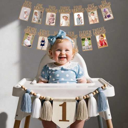1st Baby First Birthday Party Decorations First Highchair Banner For Baby Boys Blue High Chair Banner Crown Cake Topper