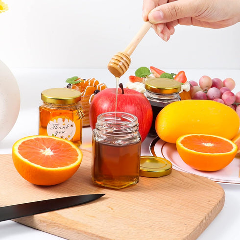 3 oz 30 Pack BIGIVACA Mini Honey Jars - Hexagon Glass Jars with Wood Dippers, Gold Lids, Bee Pendants, Jutes, Stickers