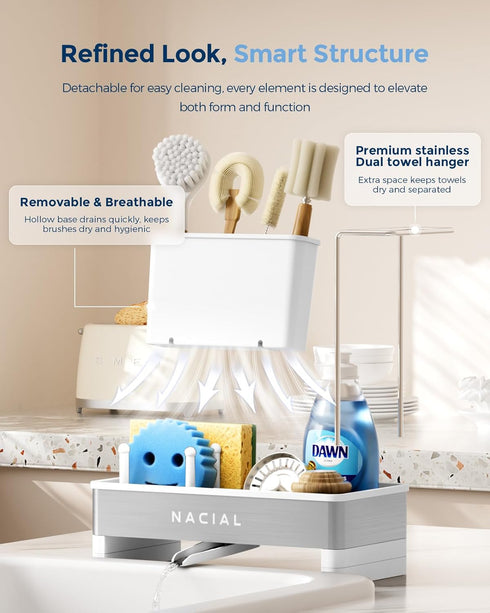 304 Countertop Nacial Sponge Holder for Kitchen Sink, Sink Caddy Organizer with High Brush Holder & Two Towel Racks