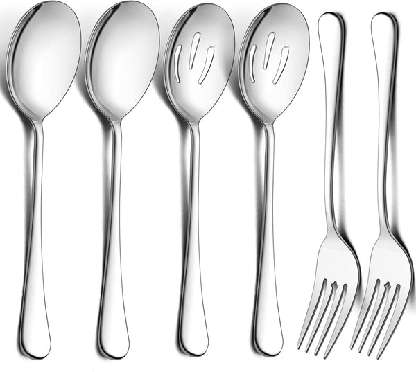 LIANYU Large Serving Spoons and Forks Set of 12, Stainless Steel Buffet Catering Dinner Party Slotted Utensils, 9.8 Inch