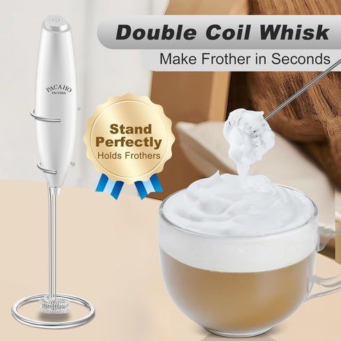 Powerful Handheld Milk Frother with Stand, Double Whisk Electric Foam Maker, Mini Blender for Coffee, Latte, Matcha