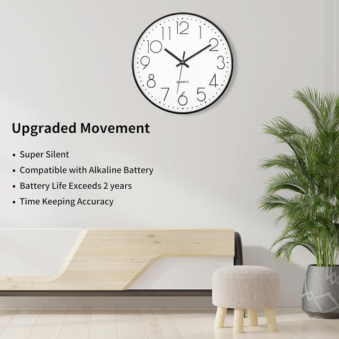 Foxtop 12 Inch Black Wall Clock, Silent Non Ticking Quartz Battery Operated Round Clock for Home Office Decor