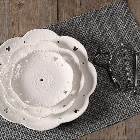 BonNoces 3-Tier Serving Tray - White Embossed Porcelain Cupcake Stand, Elegant Dessert Cake Stand for Tea Party,