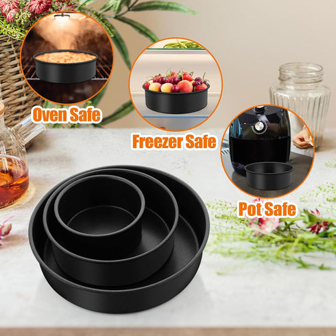 TeamFar Cake Pan Set, 4'' / 6''/ 8'' Round Baking Tier Pans, Non-Stick Coating Stainless Steel Core, Set of 3, Black