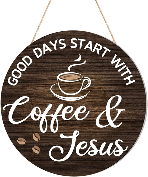 HMASYO Wood Coffee Signs, Good Days Start with Coffee & Jesus, Farmhouse Wall Sign Decor for Kitchen, 12'' x 12''