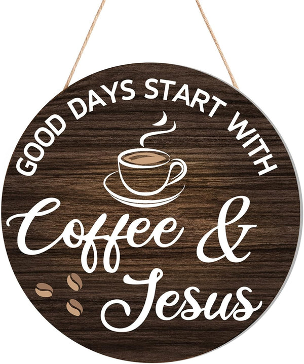 HMASYO Wood Coffee Signs, Good Days Start with Coffee & Jesus, Farmhouse Wall Sign Decor for Kitchen, 12'' x 12''
