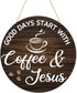HMASYO Wood Coffee Signs, Good Days Start with Coffee & Jesus, Farmhouse Wall Sign Decor for Kitchen, 12'' x 12''