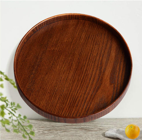 Solid Wood Serving Tray - Round Non-Slip Tea Coffee Snack Plate with Raised Edges for Home Kitchen Restaurant (9.5inch,