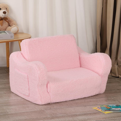 2-in-1 Comfy Toddler Chair, Toddler Couch Fold Out, Convertible Sherpa Sofa to Lounger for Boys & Girls, Pink